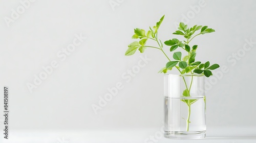 A small rue plant in a glass vase on a white background.