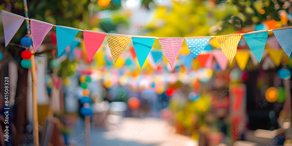 Colorful triangular flags flutter in the breeze, strung across a sunny outdoor setting. The vibrant colors and blurred background create a festive atmosphere, perfect for summer festivals Colorful triangular flags flutter in the breeze, strung across a sunny outdoor setting. The vibrant colors and blurred background create a festive atmosphere, perfect for summer festivals