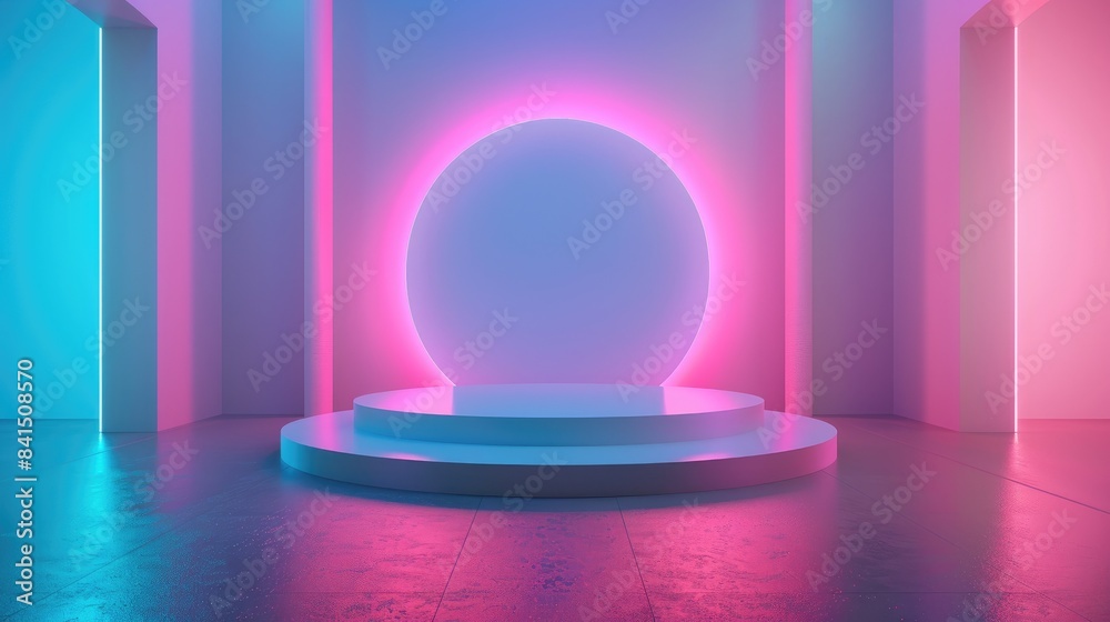 Sci-fi product podium with a cyberpunk design, set against blue and pink backgrounds in an empty room. Perfect for tech showcases. 3D rendering. Sci-fi product podium with a cyberpunk design, set against blue and pink backgrounds in an empty room. Perfect for tech showcases. 3D rendering.
