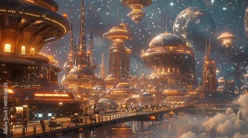 A futuristic spaceport, with starships landing and taking off, against a backdrop of stars