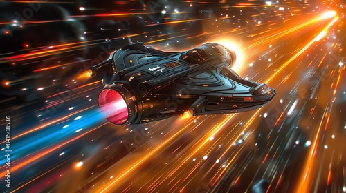 A futuristic spaceship entering warp speed, with streaks of light and energy trails