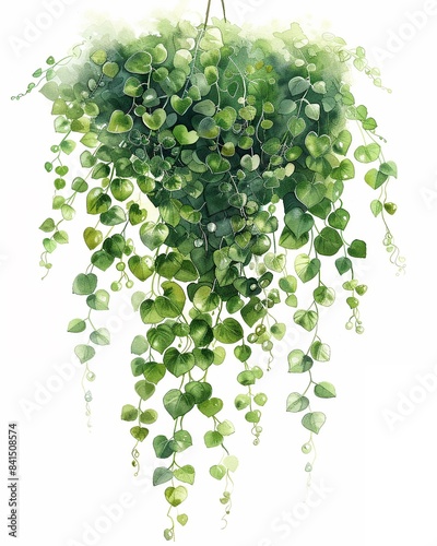 Craft a beautiful, watercolor painting of a String of Pearls plant, emphasizing its cascading tendrils and lush green foliage set against a pure white backdrop