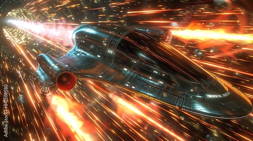 A futuristic spaceship entering warp speed, with streaks of light and energy trails