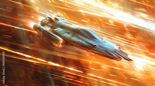 A futuristic spaceship entering warp speed, with streaks of light and energy trails