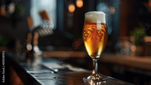 A glass of beer sits on a bar counter. craft beer bar