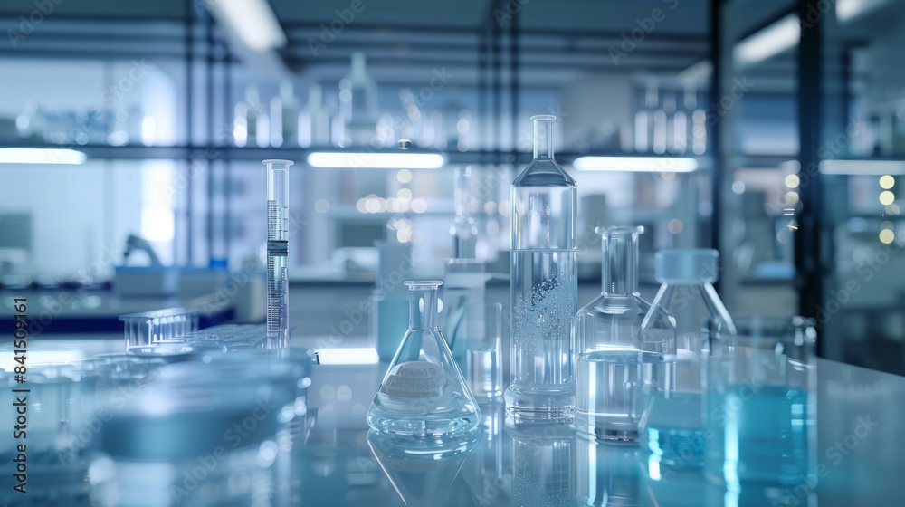 Modern laboratory with glassware for virus research and scientific experiments Modern laboratory with glassware for virus research and scientific experiments