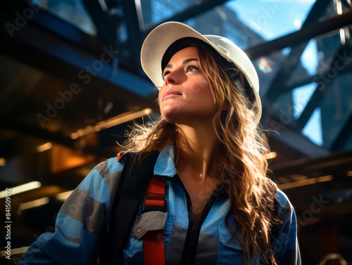 A female engineer in a hard hat looking up confidently, with an industrial background, highlighting the concept of women in engineering. Generative AI
