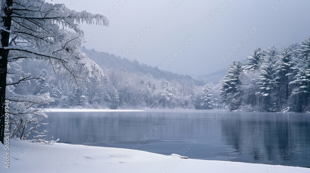 A tranquil lake obscured by a heavy blanket of thick white snow.