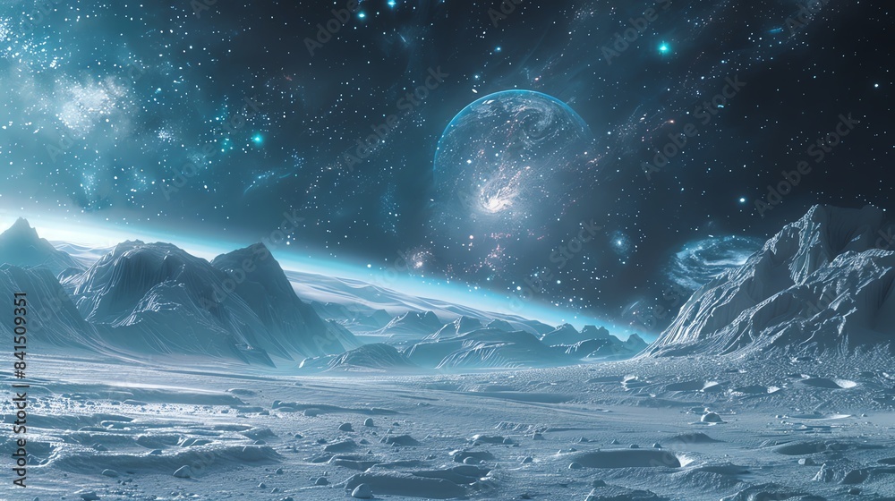 A serene, icy landscape on a distant moon, under a sky filled with stars and nebulae A serene, icy landscape on a distant moon, under a sky filled with stars and nebulae