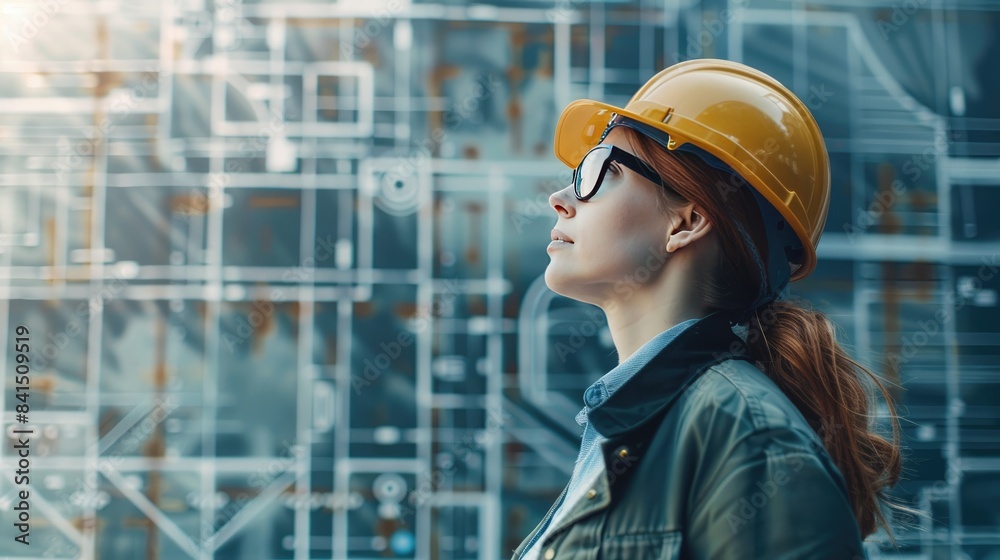 Side view of a female construction engineer with superimposed architectural blueprints, symbolizing her role in architectural planning. Side view of a female construction engineer with superimposed architectural blueprints, symbolizing her role in architectural planning.