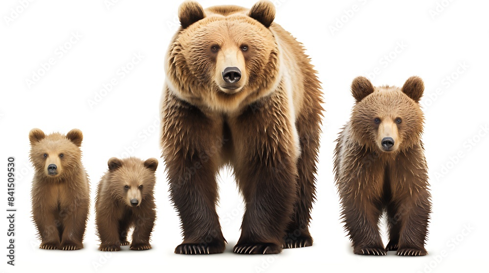 Fototapeta premium A mother bear and her three cubs standing together. isolated on white background 