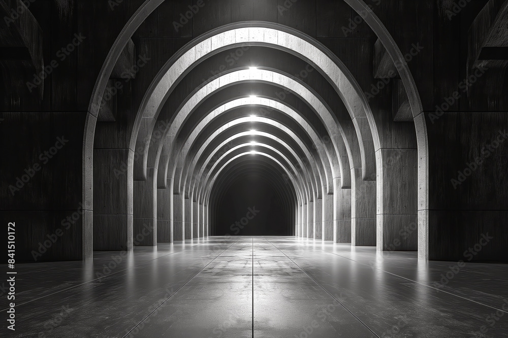 Obraz premium An arched tunnel with a sleek, modern design, illuminated with lights against a dark background, concept of futuristic architecture. Generative AI