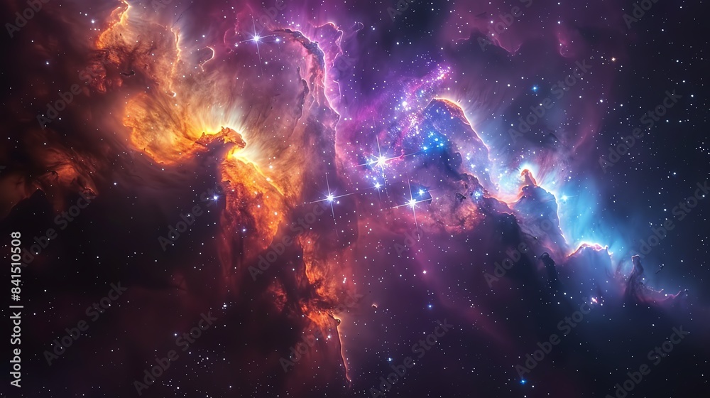 A vivid, glowing star nursery, with new stars forming in colorful gas clouds A vivid, glowing star nursery, with new stars forming in colorful gas clouds