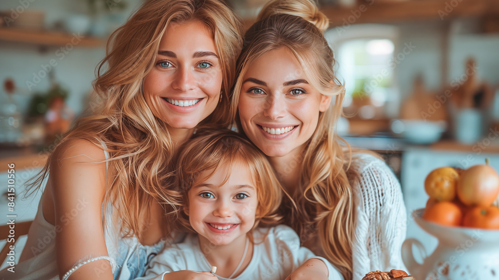 A family of two moms and a child smiling and posing for a picture in a kitchen at morning A family of two moms and a child smiling and posing for a picture in a kitchen at morning