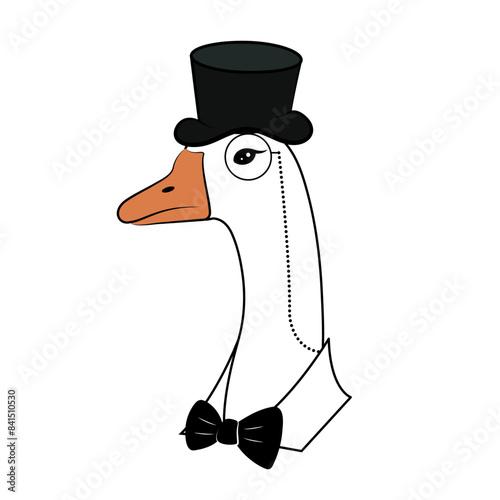 Goose portrait, goose in a hat with a monocle, hand drawn graphic, fashion animal illustration