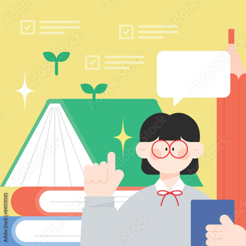 student book  girl glasses pencil knowledge illustration