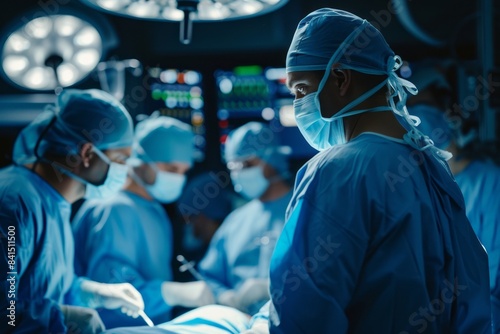 surgeons working in the operating room. The focus is on a doctor wearing a mask and surgical cap, who stares intently at the monitor while his colleagues operate in the background. The operating room 