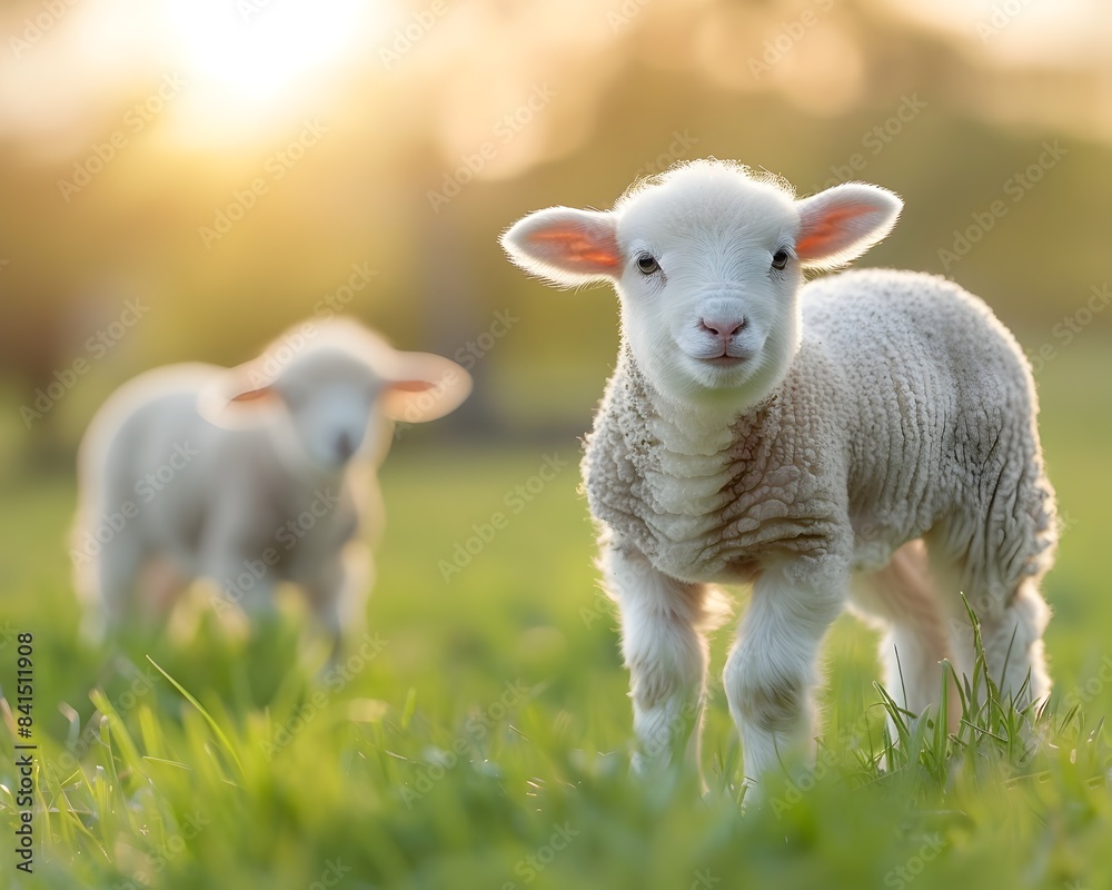 Adorable Baby Lambs Playing in Lush Green Pasture with Blurred Background Adorable Baby Lambs Playing in Lush Green Pasture with Blurred Background
