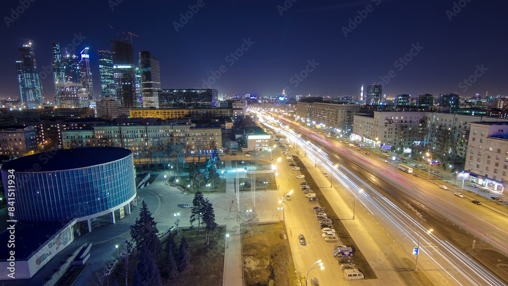 Fototapeta premium Skyscrapers International Business Center City at night aerial timelapse, Moscow, Russia