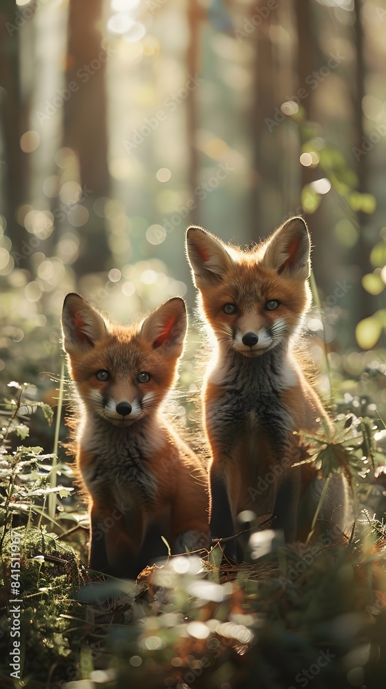 Naklejka premium Playful Fox Cubs Exploring a Sunlit Forest Glade