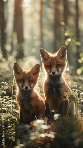 Playful Fox Cubs Exploring a Sunlit Forest Glade