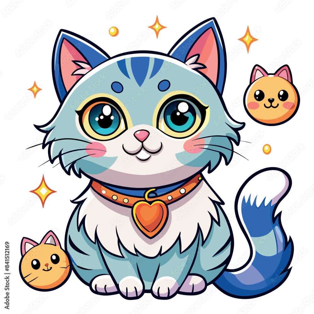 A cartoon cat wearing a collar and sitting next to two other cartoon cats. The cat is smiling and has a heart-shaped collar A cartoon cat wearing a collar and sitting next to two other cartoon cats. The cat is smiling and has a heart-shaped collar