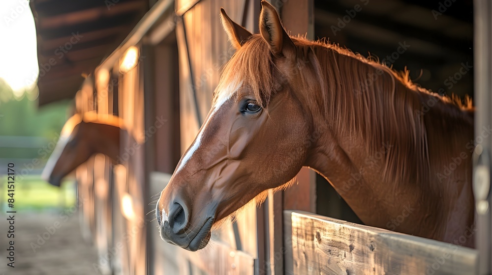 Fototapeta premium Horses Being Groomed in a Sunlit and Agricultural Concept
