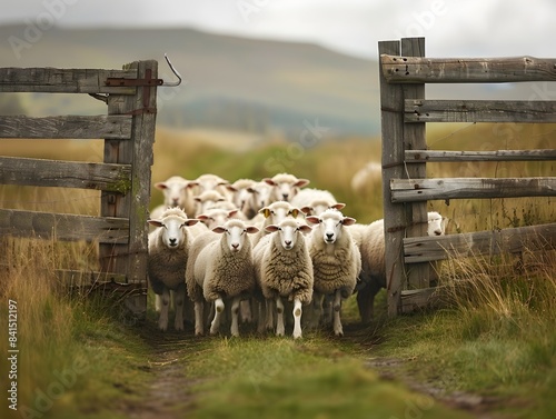 Flock of Sheep Guided Through Gate in Rural Pastoral Landscape photo