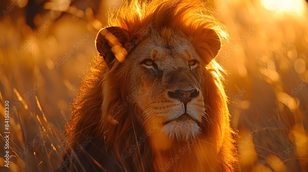 Naklejka premium Majestic Lion s Striking Portrait in Savannah Sunlight