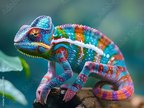 Vibrant Chameleon Blending into Tropical Foliage on Branch © Thares2020