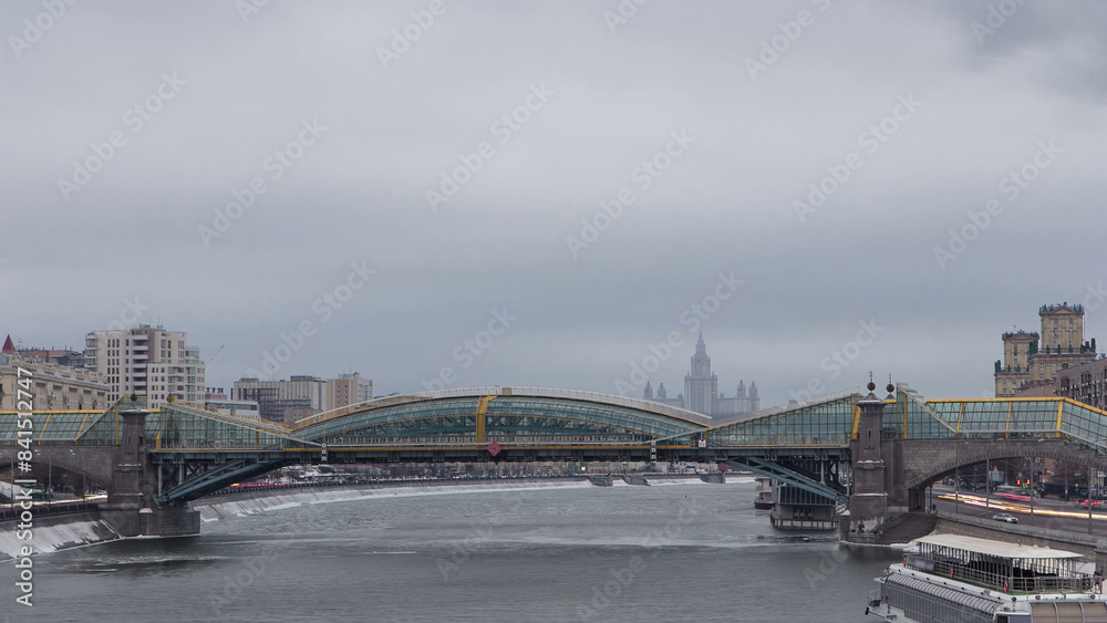 Fototapeta premium Pedestrian Bogdan Khmelnitsky Bridge timelapse hyperlapse in Moscow, Russia.