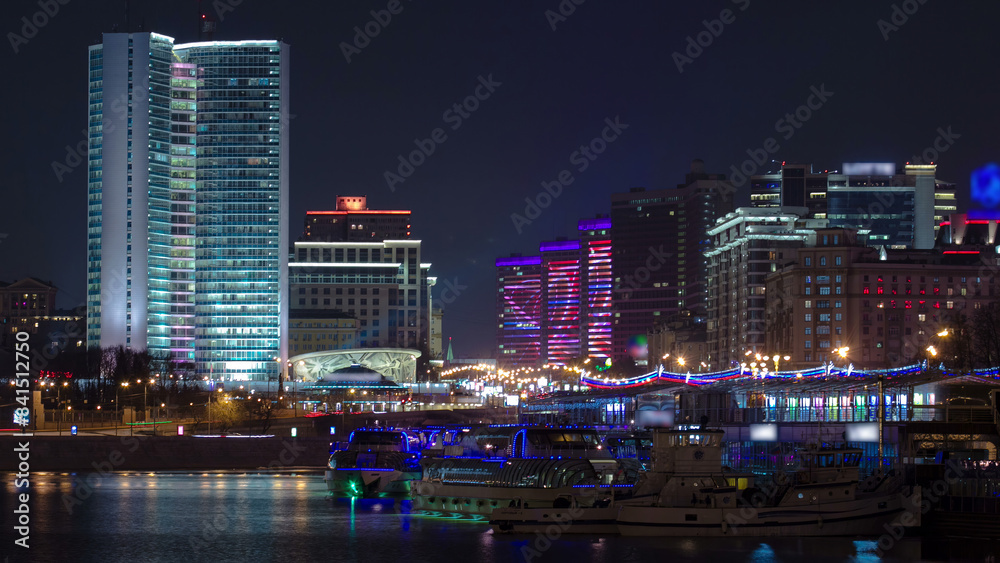 Buildings at New Arbat Street after sunset timelapse. New Arbat is located in the central part of Moscow Buildings at New Arbat Street after sunset timelapse. New Arbat is located in the central part of Moscow