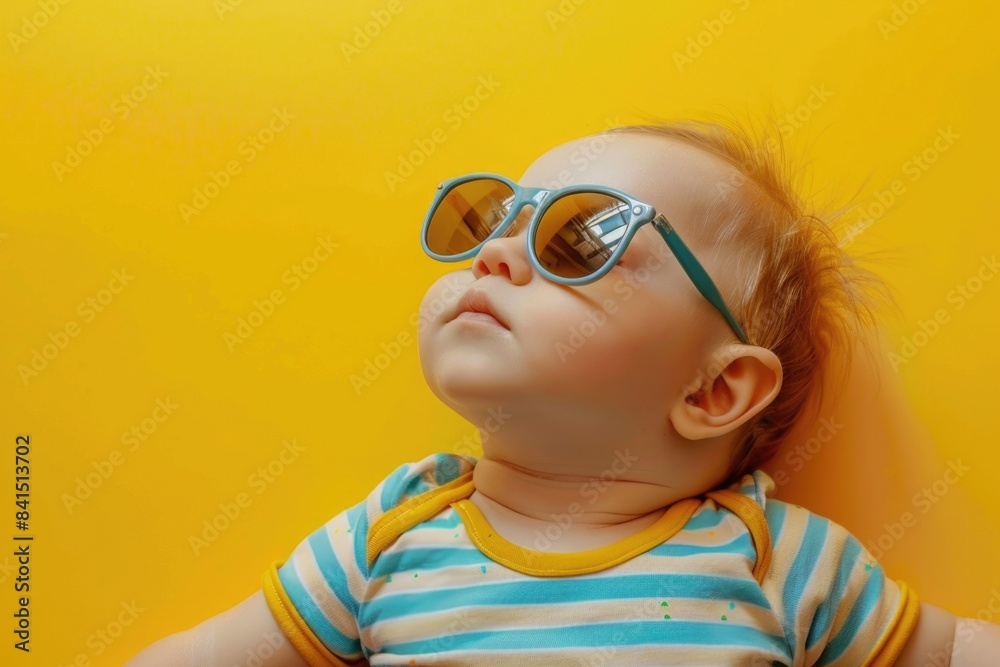 A baby lying down with trendy sunglasses on a bright yellow background A baby lying down with trendy sunglasses on a bright yellow background