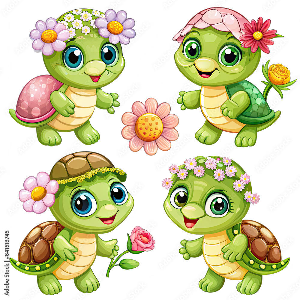 Obraz premium A cartoon illustration of four cute baby turtles wearing flowers. Generative AI
