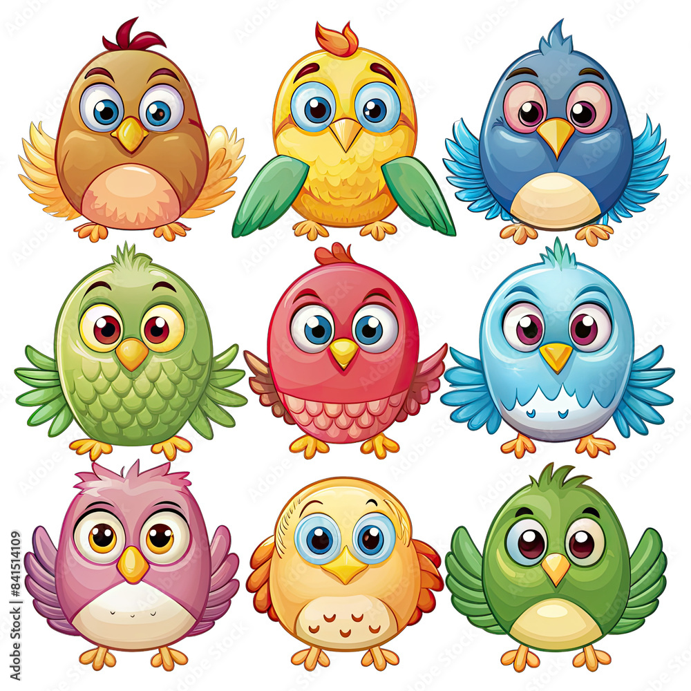 A collection of nine cute, cartoon birds with various colors and expressions. The birds are isolated on a white background and are perfect for use in various design projects. Generative AI A collection of nine cute, cartoon birds with various colors and expressions. The birds are isolated on a white background and are perfect for use in various design projects. Generative AI