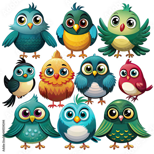 Wallpaper Mural This image features nine cute cartoon birds with large, expressive eyes. They are isolated against a white background, allowing for easy use in various designs and projects. Generative AI Torontodigital.ca