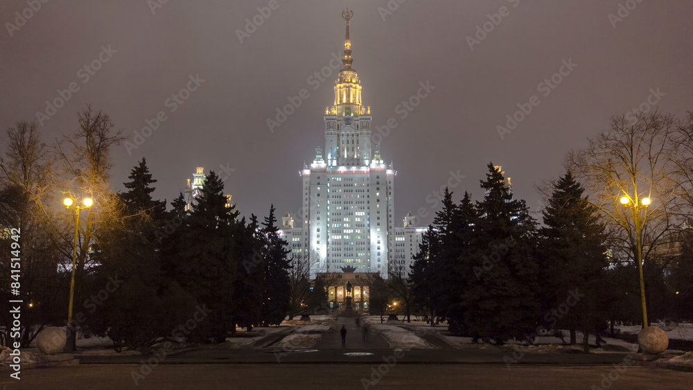 The Main Building Of Moscow State University On Sparrow Hills At Winter timelapse at Night The Main Building Of Moscow State University On Sparrow Hills At Winter timelapse at Night