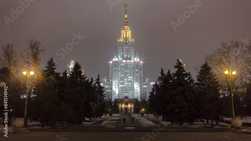 The Main Building Of Moscow State University On Sparrow Hills At Winter timelapse at Night