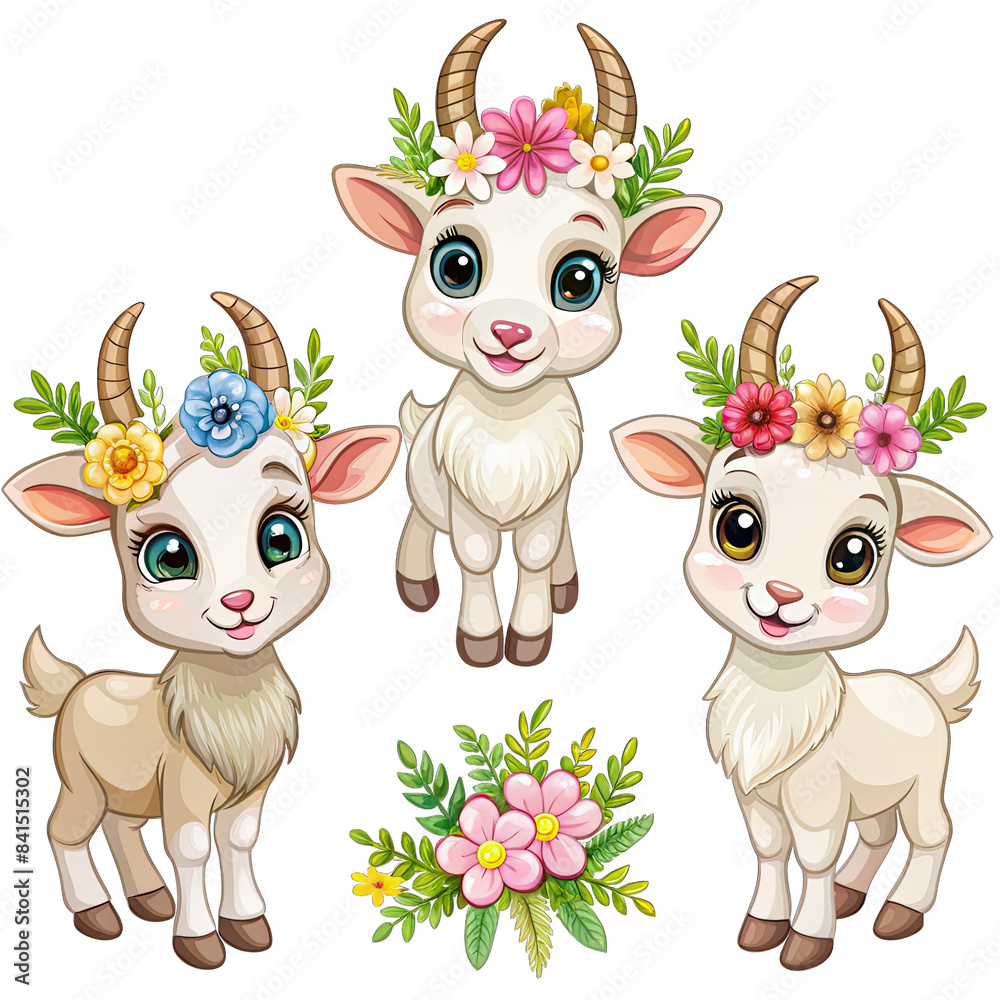 Obraz premium Three adorable cartoon goats with floral crowns isolated on a white background. Perfect for adding a touch of whimsy to any design. Generative AI