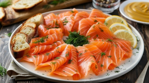 A platter of salmon gravlax, thinly sliced cured salmon garnished with dill and served with mustard sauce and toast points, a classic Scandinavian appetizer