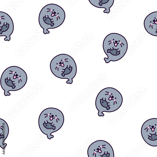 Cute kawaii baby seals. Seamless pattern. Funny cartoon characters arctic and antarctic animals. Hand drawn style. Vector drawing. Design ornaments.