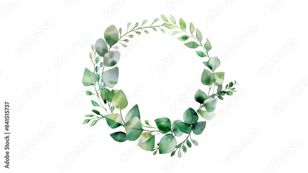 Obraz premium Watercolor baby blue eucalyptus wreath for wedding cards, silver dollar eucalyptus tree foliage in circle, herbs, leaves, branch, greenery frame. Decorative design elements in rustic elegant style