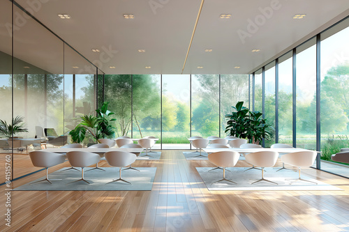 Modern lounge area with white chairs and large windows overlooking a forest  natural light  minimalist interior concept. Generative AI