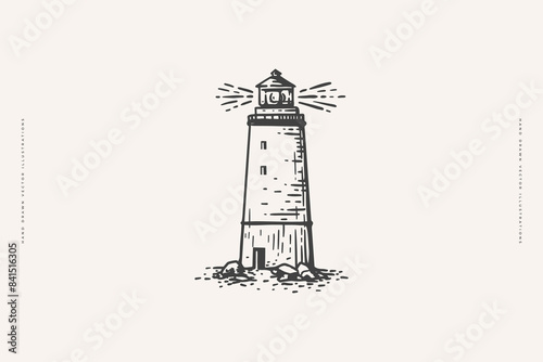 Vintage luminous lighthouse in engraving style. Nautical lighthouse on isolated background. Symbol of safety of navigation and tourism. Vintage vector illustration for postcard, book, textile design.