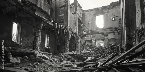 A historic building with a partially collapsed roof and damaged walls, captured in monochrome photography