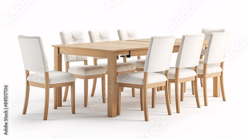 Elegant wooden dining table set with eight cushioned chairs  perfect for family gatherings and modern home decor.