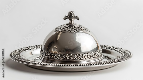 A silver dome cover on a silver tray isolated on white background photo