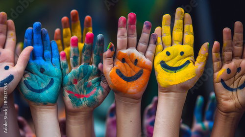 Fototapeta Naklejka Na Ścianę i Meble -  Multiple hands with colorful paint and smiley faces, against a blurred background, symbolizing happiness and creativity, Generative AI. Generative AI