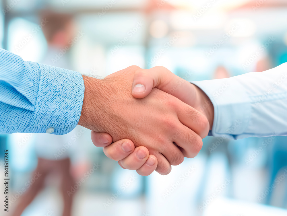 Two people shaking hands, close-up view, with an office background, conveys a concept of agreement or partnership. Generative AI Two people shaking hands, close-up view, with an office background, conveys a concept of agreement or partnership. Generative AI