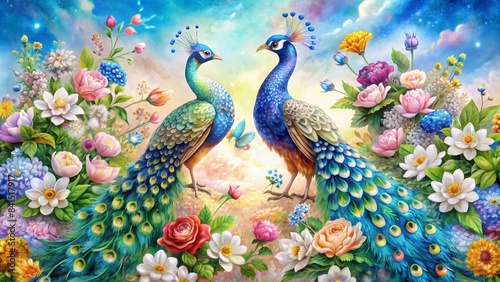 Two beautiful peacocks facing each other. Beautiful for decorating cards or other uses. It's a beautiful background.